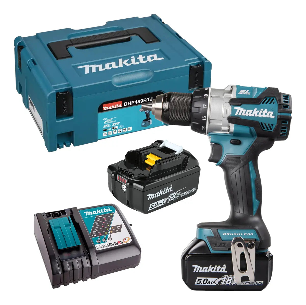 Kit Taladro Percutor Inalámbrico Makita DHP489RTJ 18V LXT Brushless + 2 Baterías 5.0Ah, Cargador y Maletín