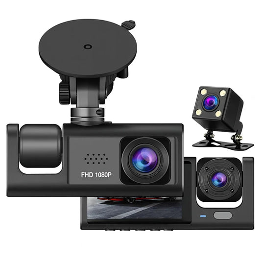 Dash Cam Triple 1080p HD: Cámara para Carro 360° con Visión Nocturna y Reversa